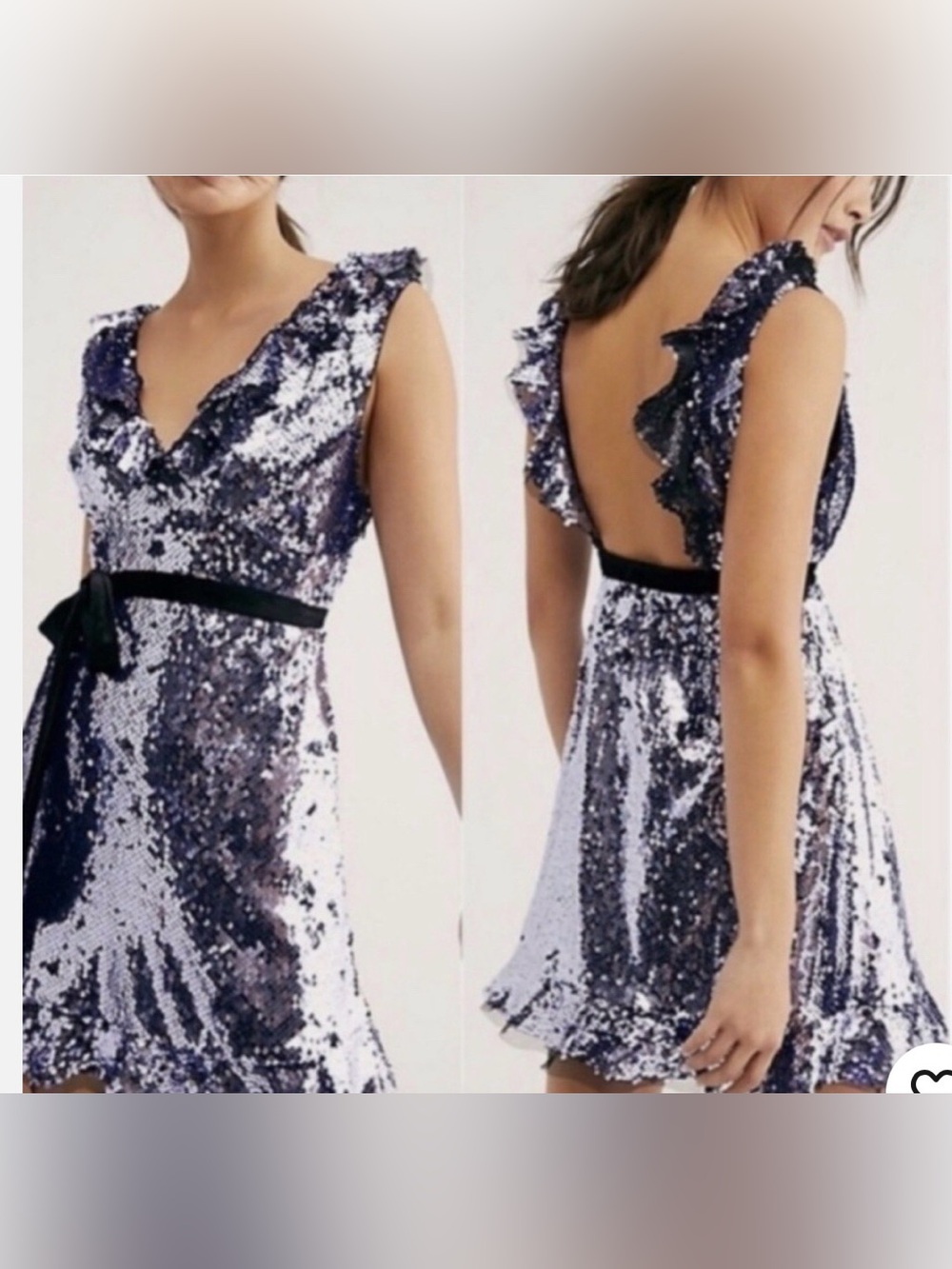 Free People Purple Ruffle Sleeve Sequin Party Mini Dress Velvet Tie Closure Sz 2
